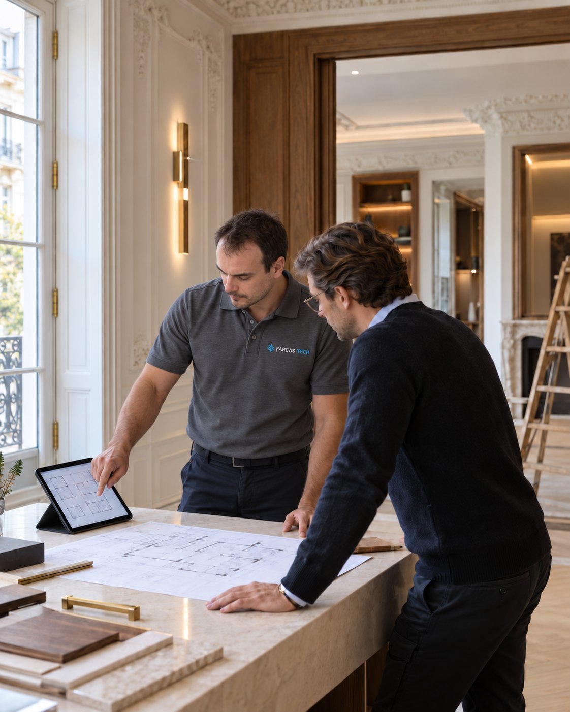 Étude des plans avec un client dans un appartement en rénovation