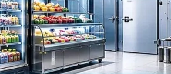 Vitrines réfrigérées et porte de chambre froide d'un commerce alimentaire