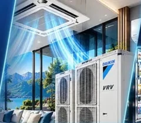 Groupes extérieurs Daikin VRV et cassette plafonnière dans un séjour ouvert sur la montagne